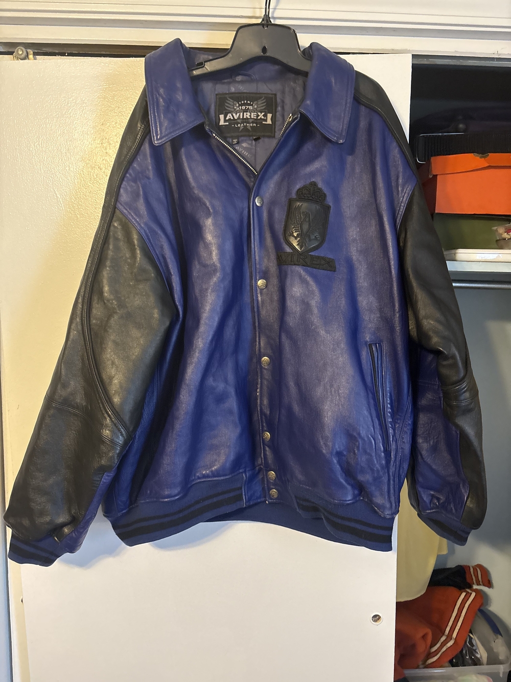 RARE!!! Avirex Men’s Blue and Black Leather Varsity Jacket